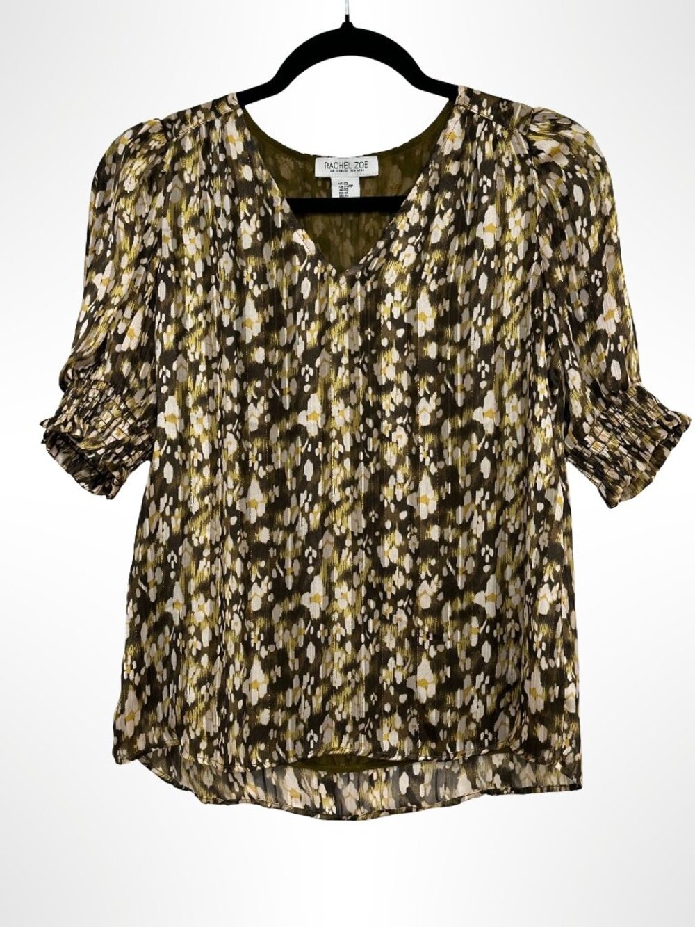 RACHEL ZOE Floral Lurex Chiffon Short Sleeve Blouse Brown Green XS